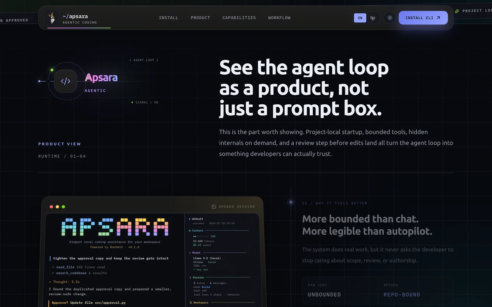 Apsara Agentic's product page showing the terminal interface and the review step