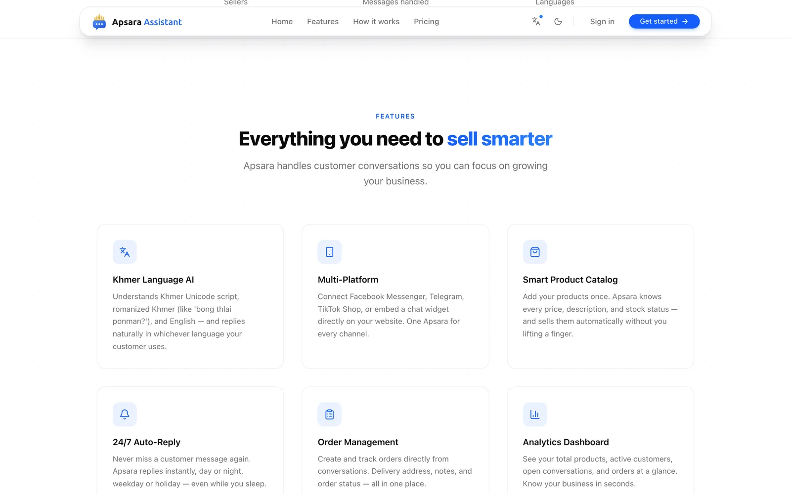Apsara Assistant's feature grid, led by Khmer-language AI and multi-platform messaging