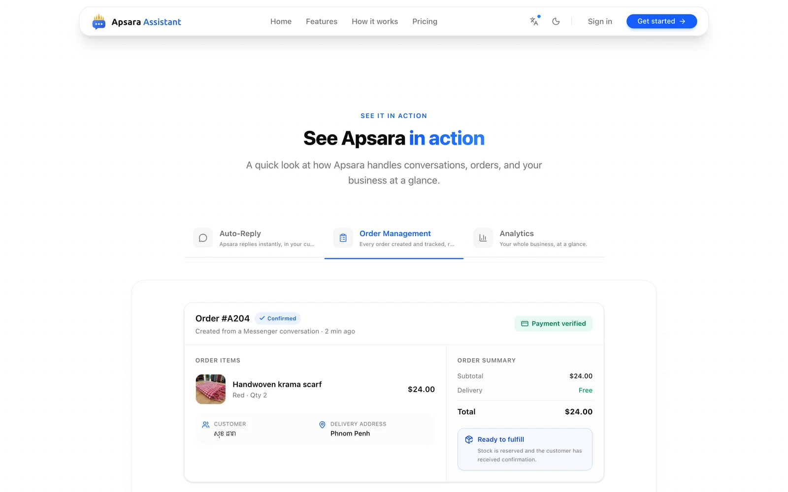 An order created from a Messenger conversation, with its payment marked verified