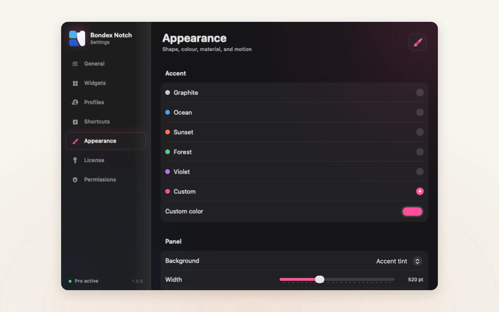 Bondex Notch's appearance settings with accent colours and panel options