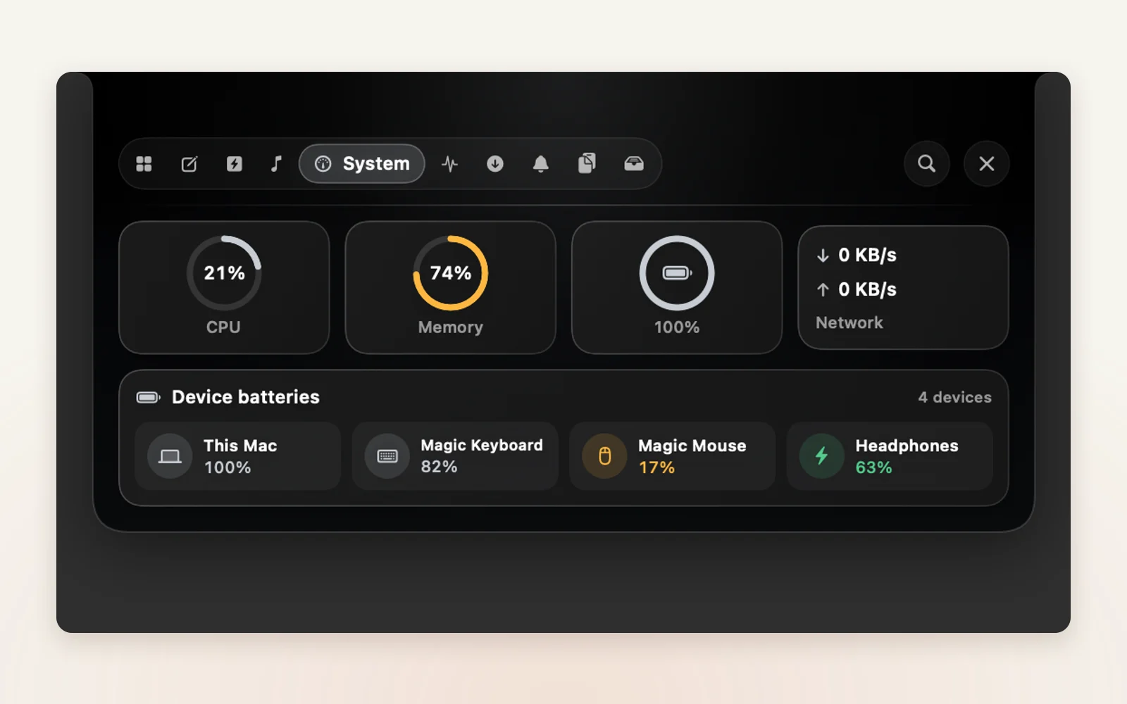 Bondex Notch's System panel with CPU, memory, network, and device batteries