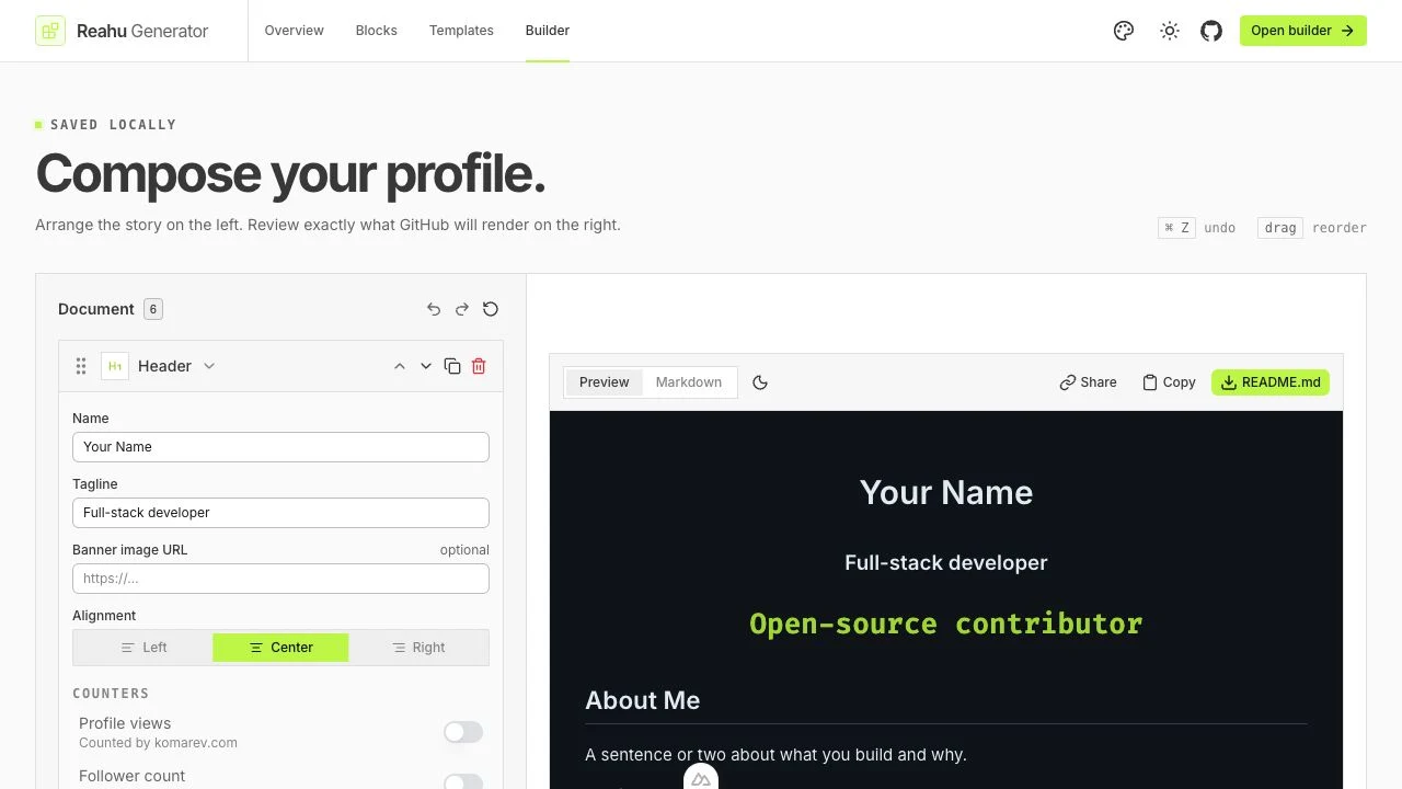 Reahu Generator's builder: block editors on the left, a live GitHub-style preview on the right